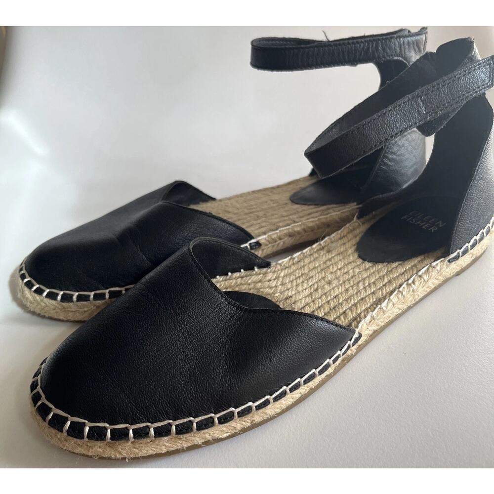 Eileen Fisher Woman's 9 Lala Espadrille Flat Sandals Ankle Strap Black Leather